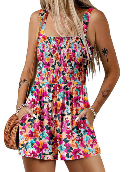 🏝️LAST DAY SALE :£ 12.99!!!💃Women's Summer Square Neck Sleeveless Loose Casual Short Smocked Romper