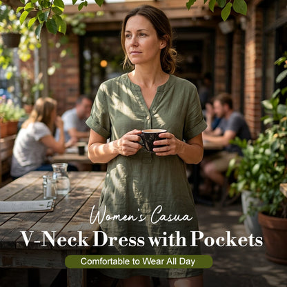 👗Last Day Special Price ￡15.99!!✨👗Women's V-Neck Tunic Dress – Relaxed Fit, Pockets & Breathable