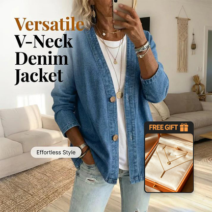 🧥 Last Week Special Price:£ 26.99✨ Women's Classic Button Front Denim Jacket – V-Neck, Breathable Fabric & Relaxed Fit 💙