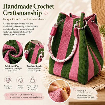 👜 Limited Time Special Price ￡8.99!!✨  Boho Striped Knit Bucket Handbag for Women – Handmade Summer Beach Shoulder Bag
