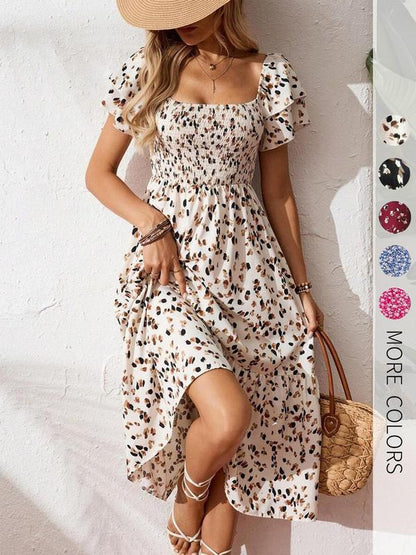🌸2026 Summer Hot Sale 50% OFF!✨Square Neck Floral Midi Dress – Smocked Bodice, Flowy Tiered Skirt, Romantic🌸
