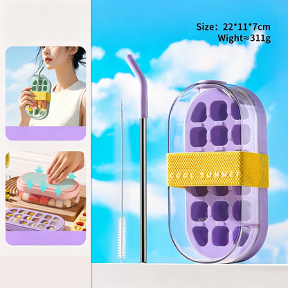 🍸Last Day Special Price:£10.99!!!⏳Press-type ice cube tray with lid, ice tray with straw, can drink directly