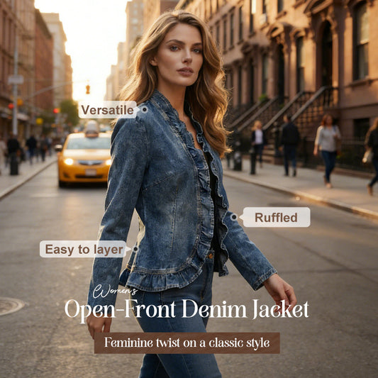 🧥 Last Day Special Price:£ 21.99!!🌸 Women's Ruffle Trim Open-Front Denim Jacket – Lightweight & Feminine – Versatile & Chic