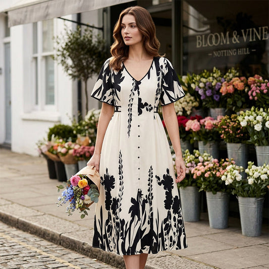 👗 Last Day Special Price:£19.98 🌿 Soft Botanical Print V-Neck Midi Dress – Elegant, Lightweight & Versatile for Any Occasion 🌸