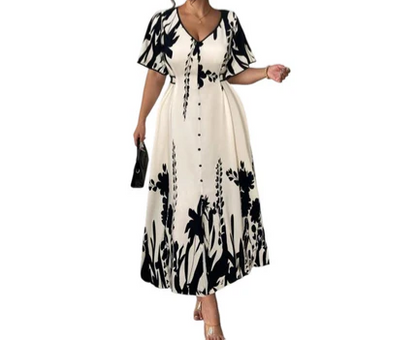 👗 Last Day Special Price:£19.98 🌿 Soft Botanical Print V-Neck Midi Dress – Elegant, Lightweight & Versatile for Any Occasion 🌸