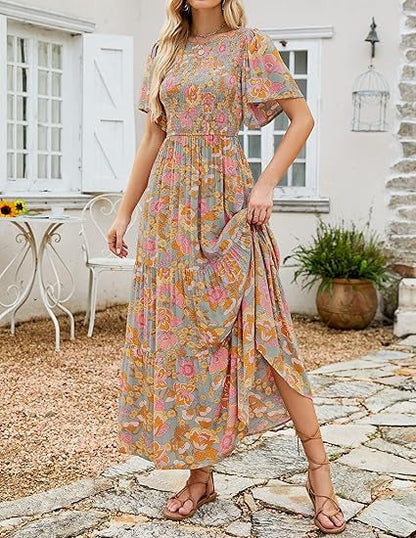 🌷Last Day Special Price :￡18.99!!🌸2026 Women's Casual Floral Print Short Flutter Sleeve Smocked High Waist Flowy Maxi Dress