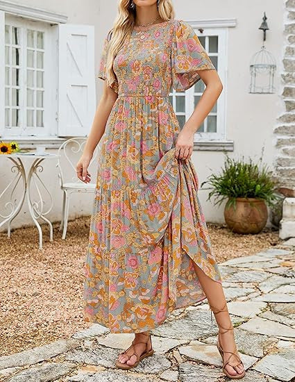 🌷Last Day Special Price :￡18.99!!🌸2026 Women's Casual Floral Print Short Flutter Sleeve Smocked High Waist Flowy Maxi Dress