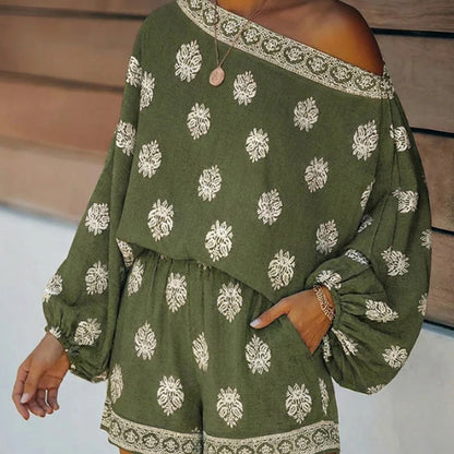 🥳2026 HOT SALE Special Price:£18.99!!!🥳💞🌸Bohemian Off-Shoulder Printed Jumpsuit Set