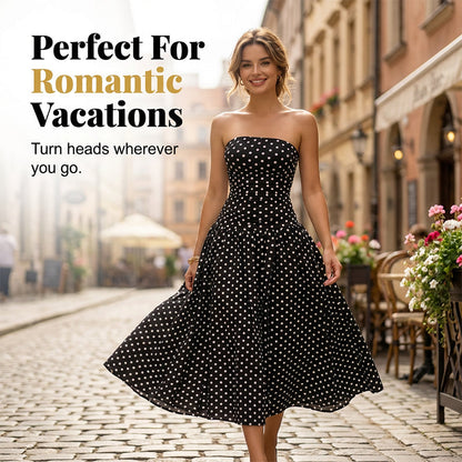 ⚫👗Last Day Special Price:£ 17.99!!!✨ Women's Polka Dot Strapless Dress - Elegant Vacation Essential! ✨