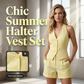 🔥Last Day Special Price:£ 19.98!!!👗Backless Slim Halter Vest & High Waist Shorts 2-Piece Set
