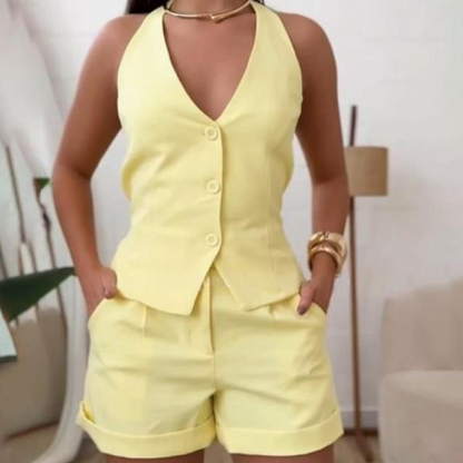 🔥Last Day Special Price:£ 19.98!!!👗Backless Slim Halter Vest & High Waist Shorts 2-Piece Set