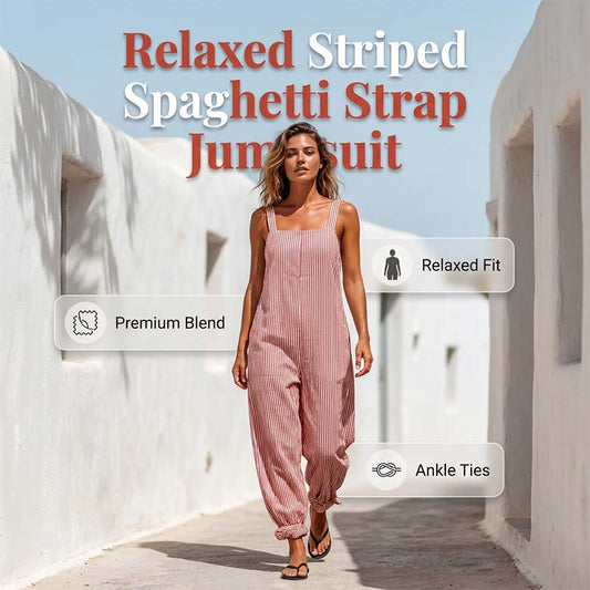 🌸Limited-time Special Price:£18.99!!⏳Women's Casual Striped Spaghetti Strap Jumpsuit👖