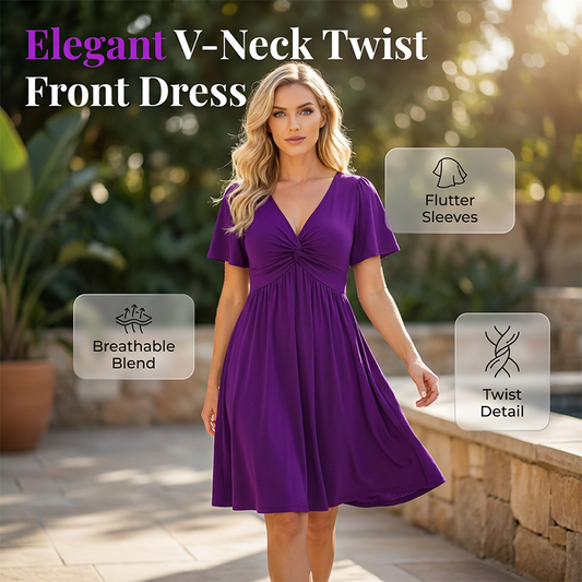 💗LAST DAY SALE 50% OFF⚡50K+ SOLD!!👗Elegant V-Neck Twist Front Dress with Pockets