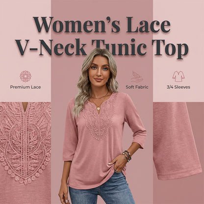 ☀️Surprise Price: Only £12.99!!!👚 Lace-Trim V-Neck Blouse – Breathable Fabric & Flattering Drape for Work or Weekend 🌿