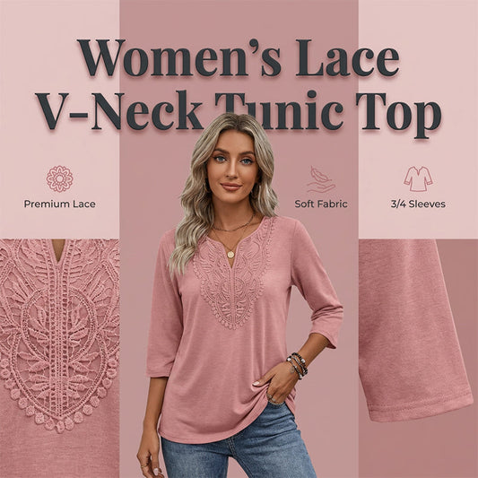 ☀️Surprise Price: Only £12.99!!!👚 Lace-Trim V-Neck Blouse – Breathable Fabric & Flattering Drape for Work or Weekend 🌿