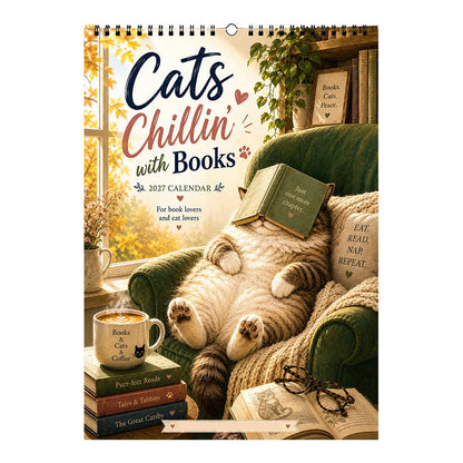 😻50% OFF | 2027 Cats Chillin' with Books Wall Calendar – Adorable Cat‑Book Art, Large Writing Blocks, Perfect Gift For Cat & Book Lovers!