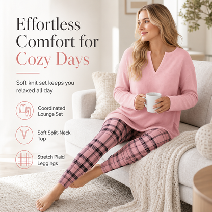 💖Last Day Special Price:£22.99!!!💥✨🍂Fall Cozy Casual Matching Two Piece Outfit🎀☁ Women's Knit Top & Plaid Leggings Set