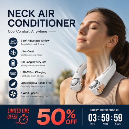 🥳2026 HOT SALE🥳💨50% OFF!🍃 Neck Air Conditioner Fan – Ultra‑quiet, 360° rotating, 3 speeds. Hands‑free cooling, long battery. Summer essential! 😎🌬️